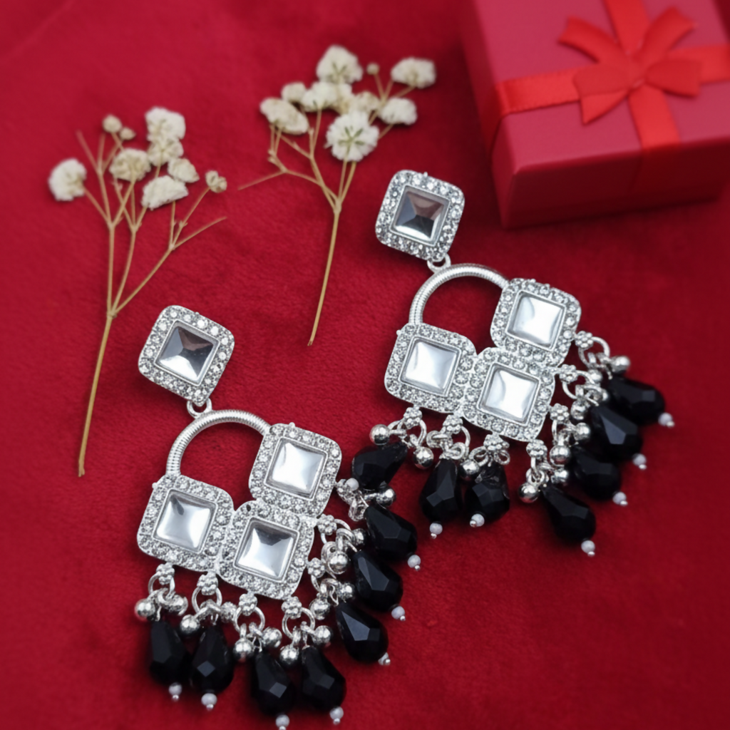 Elegant Silver Plated Chandelier Earrings Featuring Square Crystals and Black Teardrop Beads