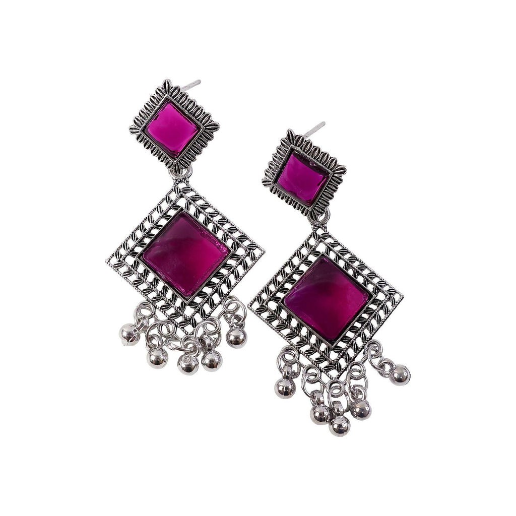 Traditional Indian Oxidised Dangler Earrings with Square Red Monalisa Stones