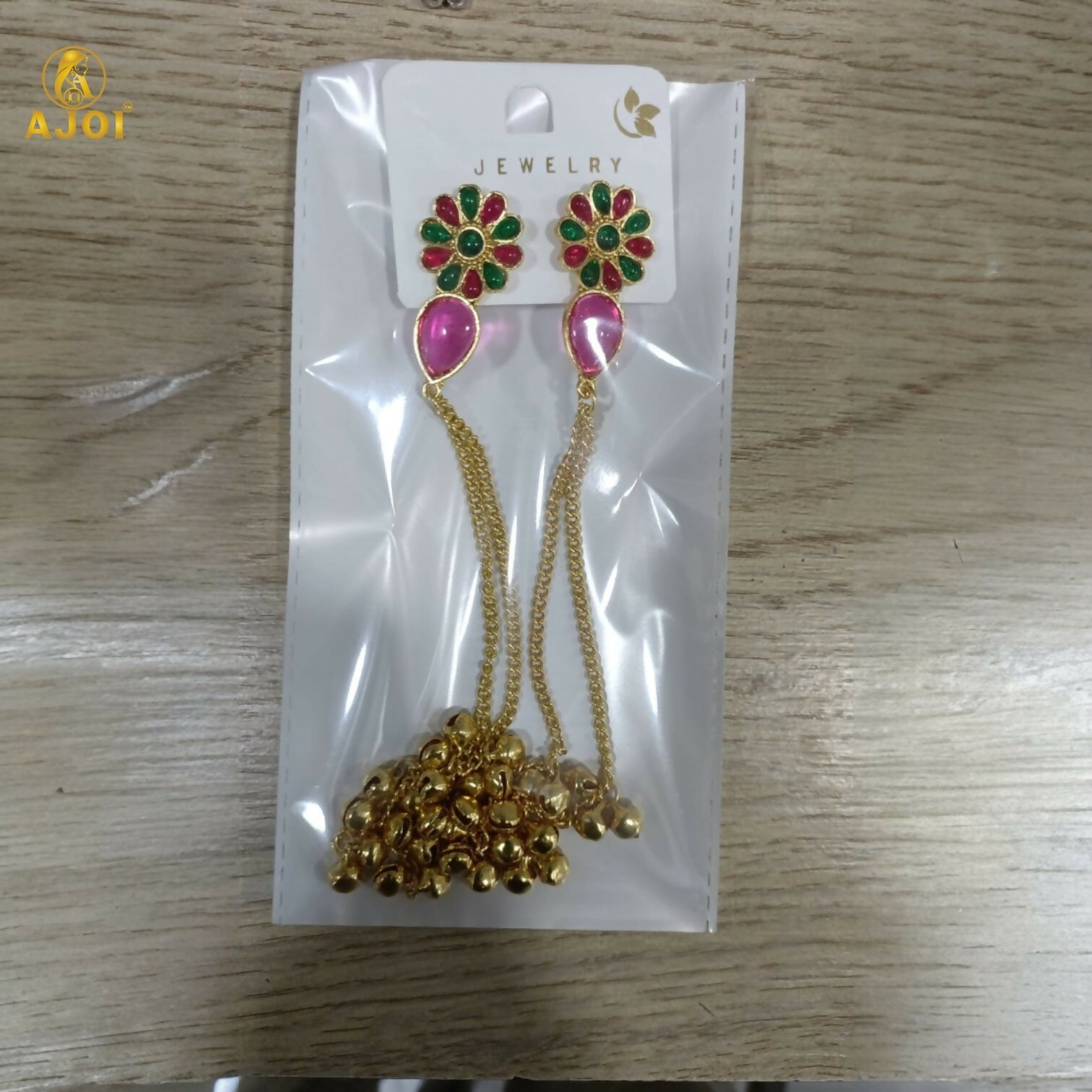 Kashmiri Gulbahar Gold Plated Long Chain Drop Earrings with Red & Green Stones