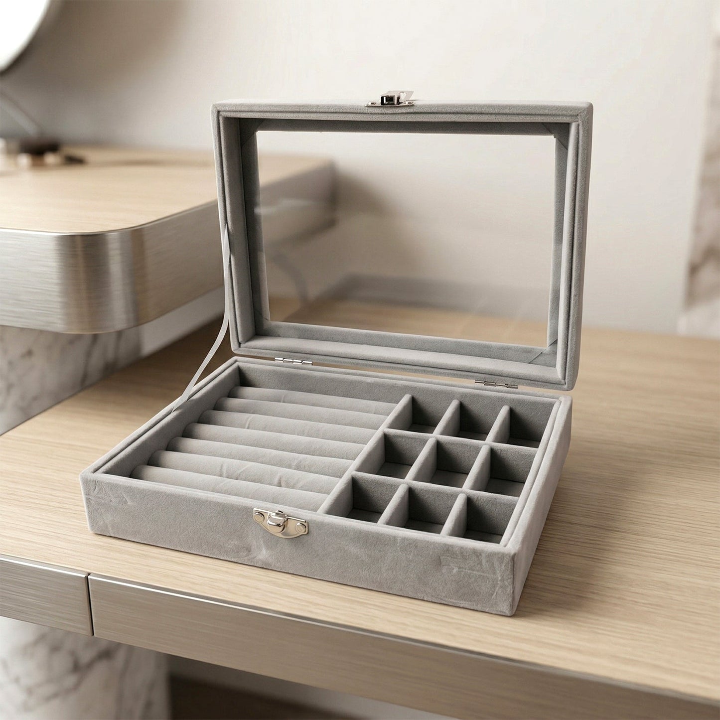 Side view of velvet jewelry box with transparent lid