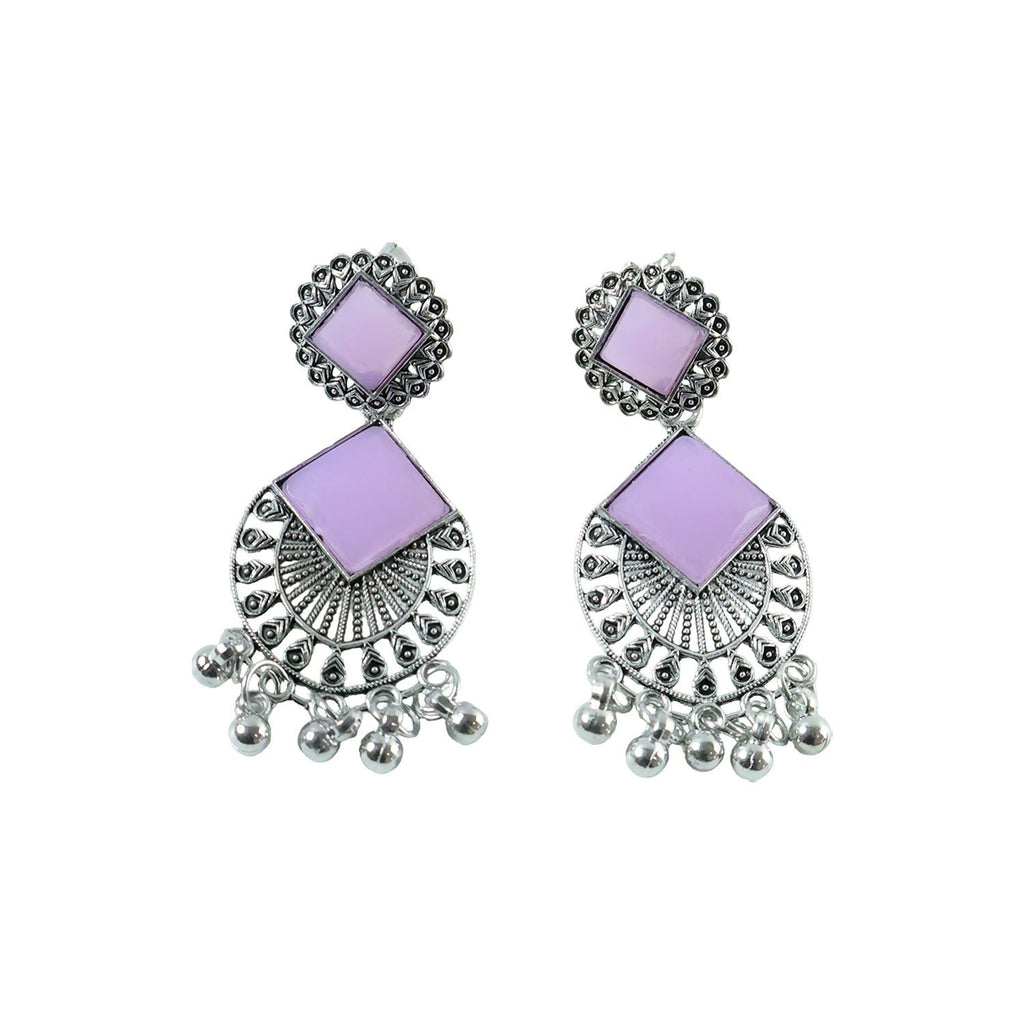 Traditional Indian Oxidized Silver Plated Dangle Earrings with Square Lavender