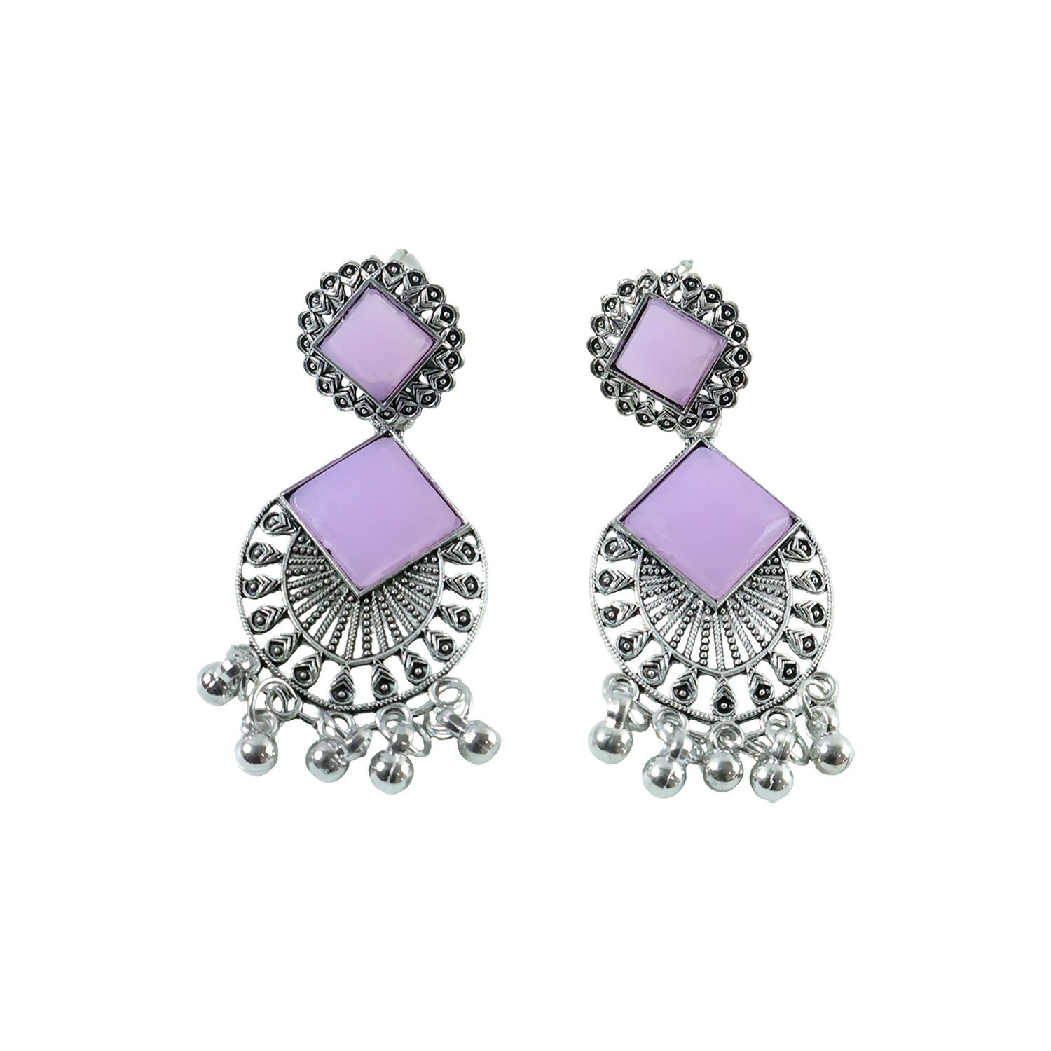 Traditional Indian Oxidized Silver Plated Dangle Earrings with Square Lavender
