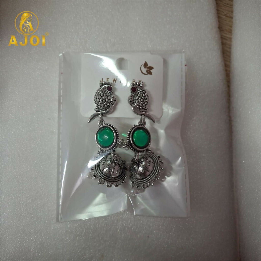 Handcrafted Antique Silver Peacock Jhumka Earrings with Emerald Green Stone & Pearl Drop Detailing