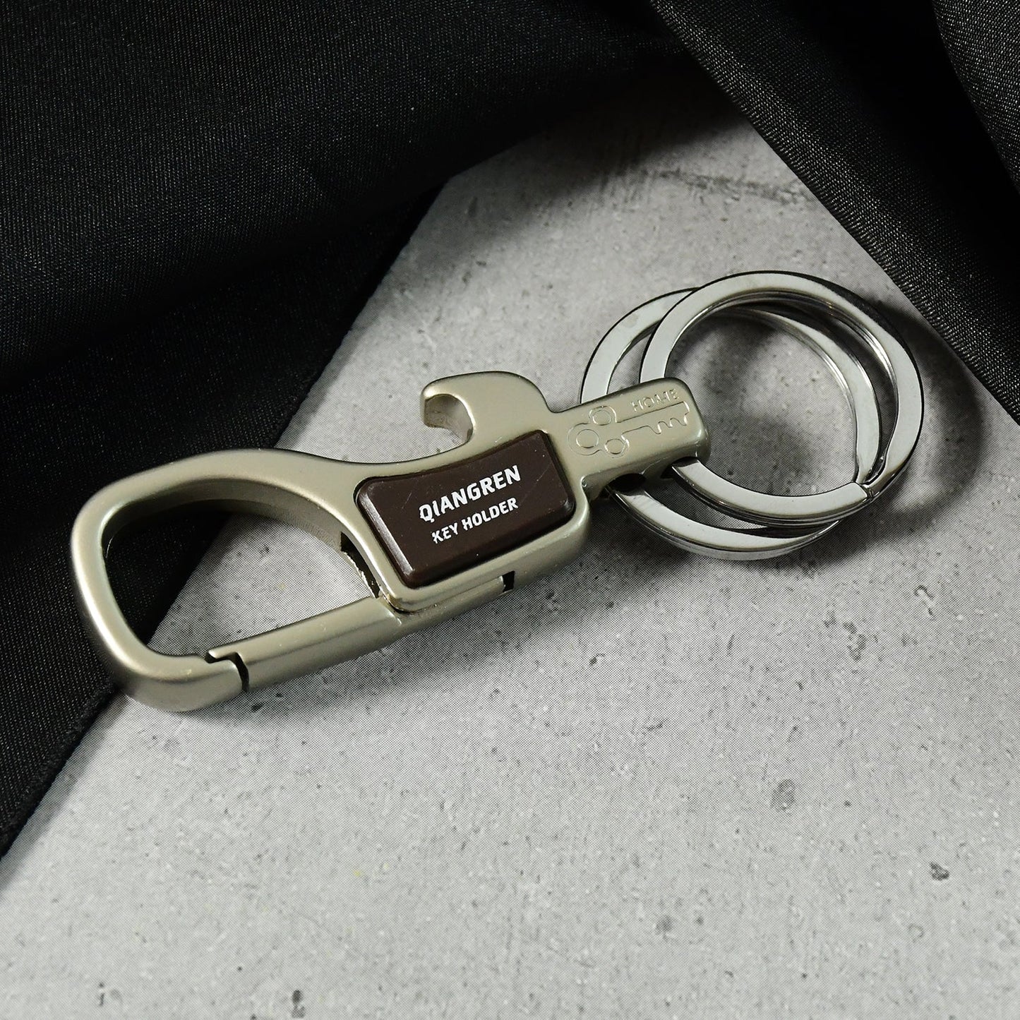 Close-up of premium metal carabiner keychain exhibiting fine craftsmanship