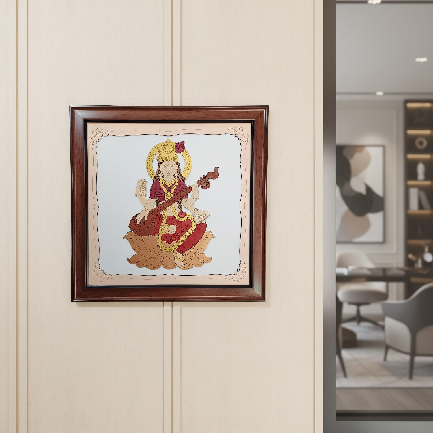 Goddess Saraswati Wooden Framed Wall Art | Handcrafted Hindu Religious Painting for Home, Office & Pooja Room | Premium Spiritual Decor