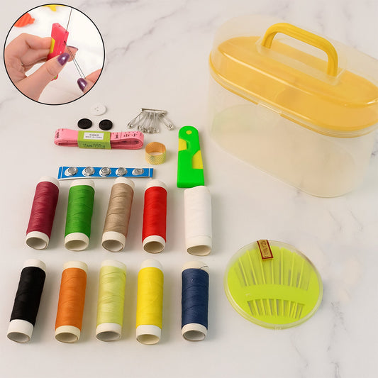 Portable travel sewing kit open, showing organized needles and threads.