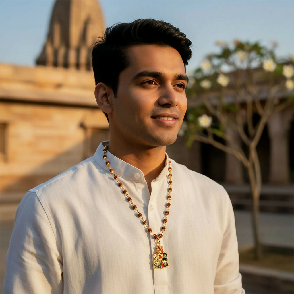 Shiva Trishul Gold Plated Pendant Chain & Rudraksha Mala