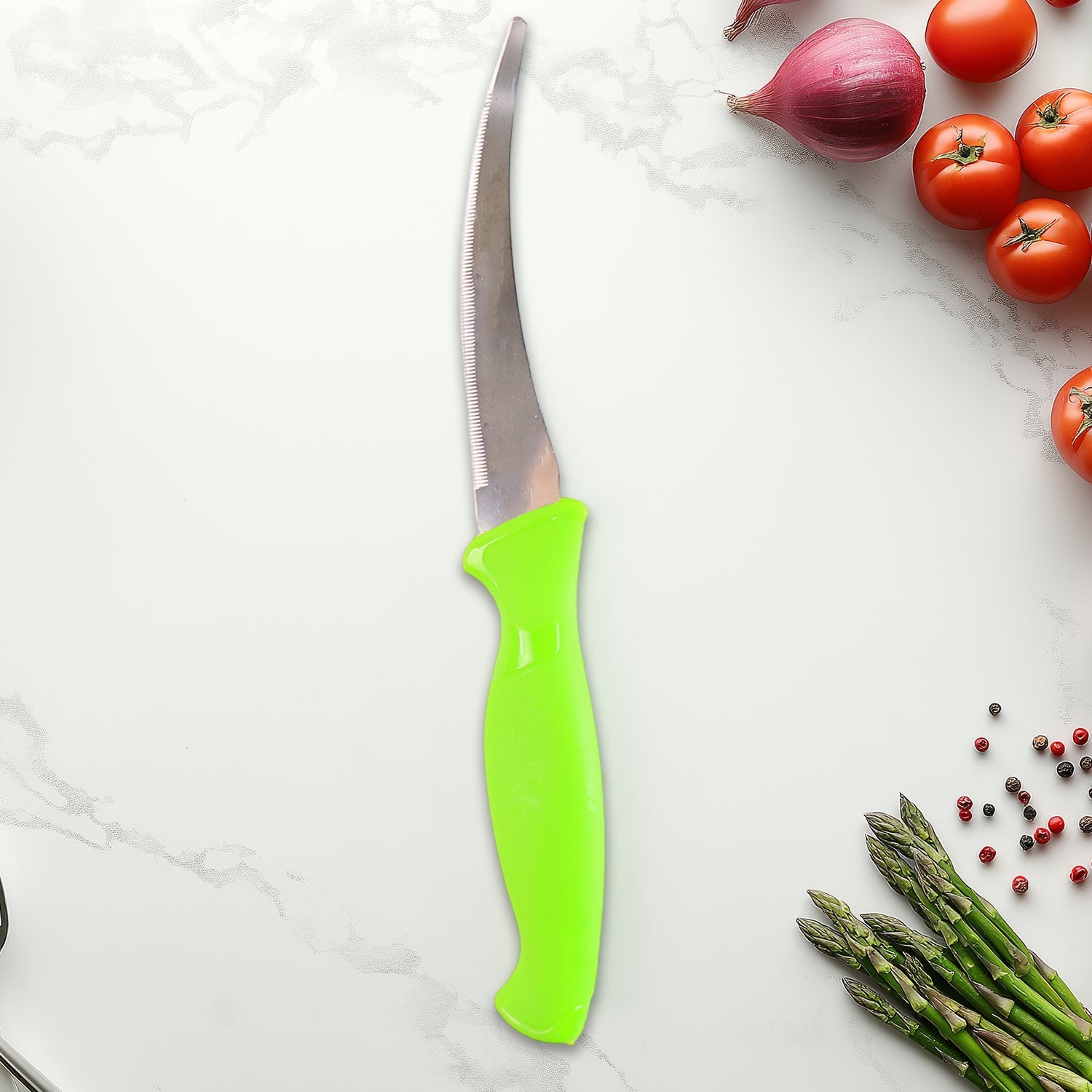 Close-up of sharp multipurpose kitchen knife blade with ergonomic grip.