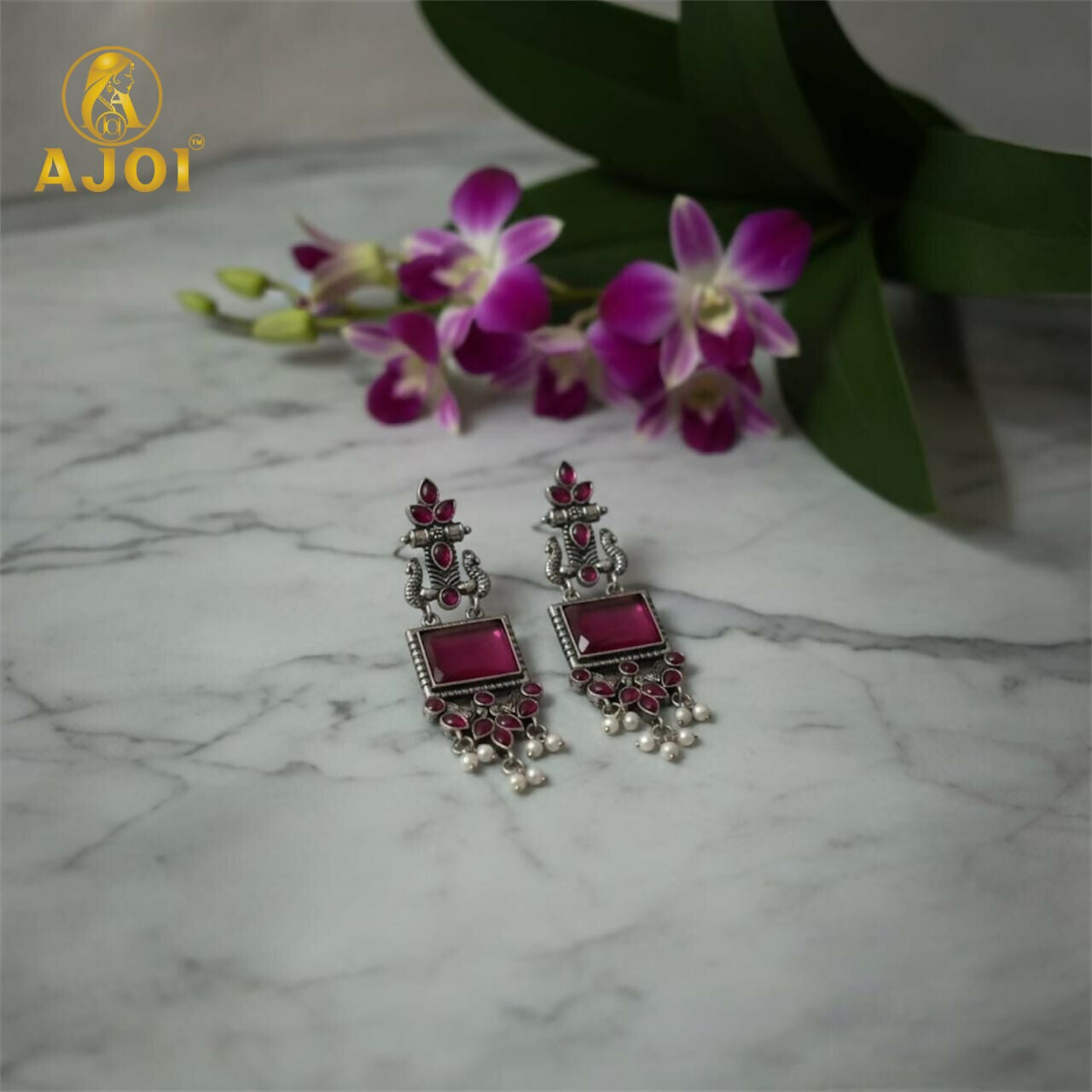 Premium Antique Silver Earrings with Pink Square Beads and Pearl Hangings.