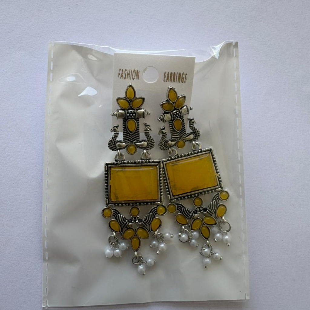Traditional Oxidized Silver Yellow Stone Pearl Drop Earrings