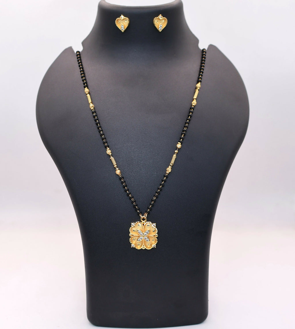 Gold Plated AD Heart Stud Earrings & Floral Mangalsutra Set for women