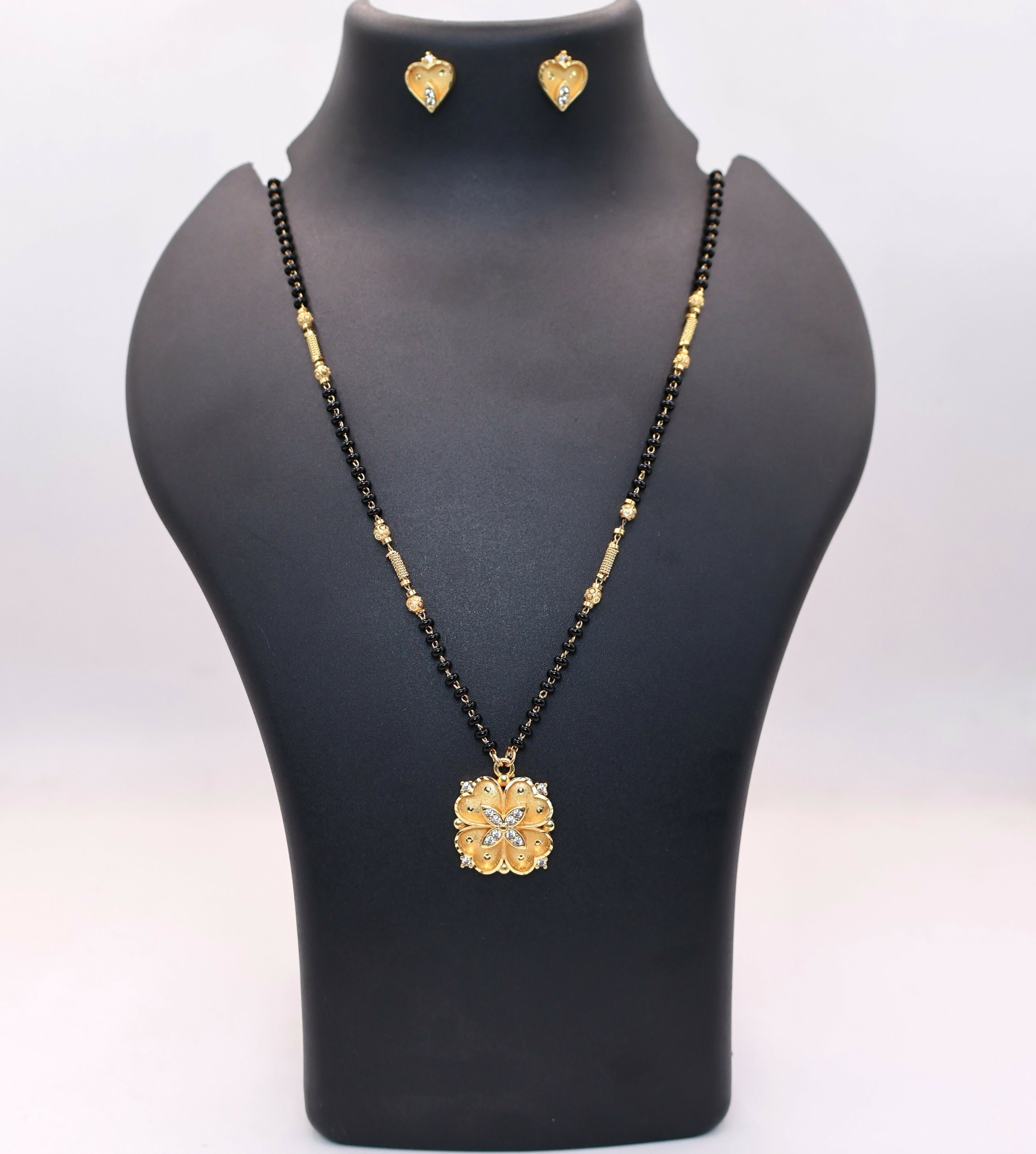 Gold Plated AD Heart Stud Earrings & Floral Mangalsutra Set for women
