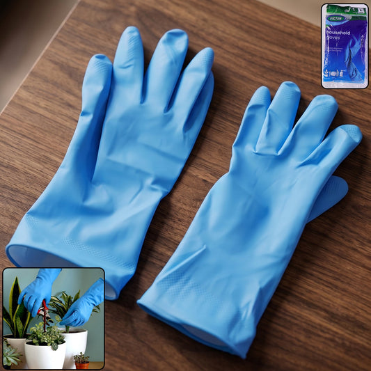 Large blue waterproof rubber cleaning gloves for household use