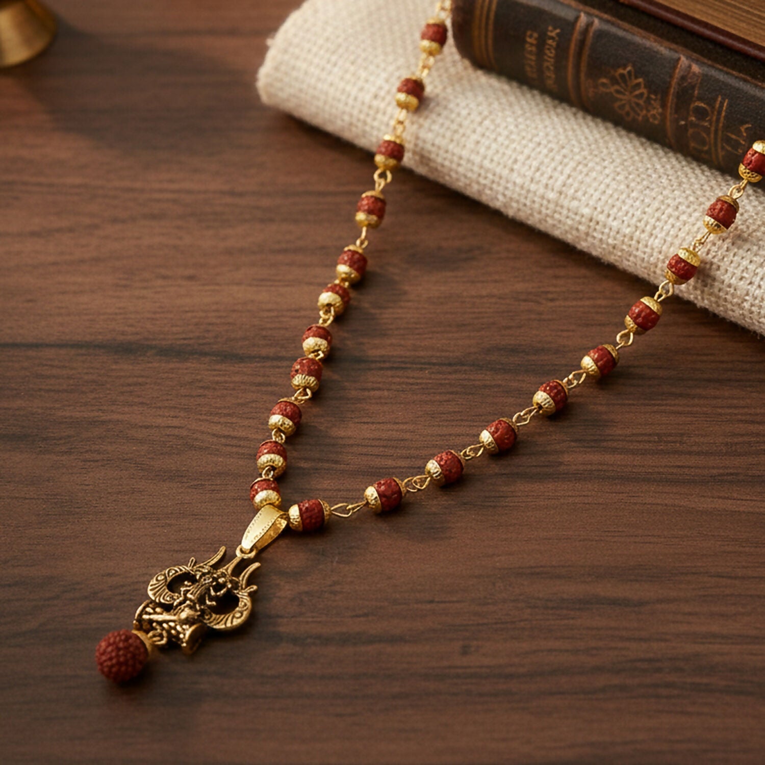 Rudraksha Hanuman Trishul Pendant Gold Beaded Necklace