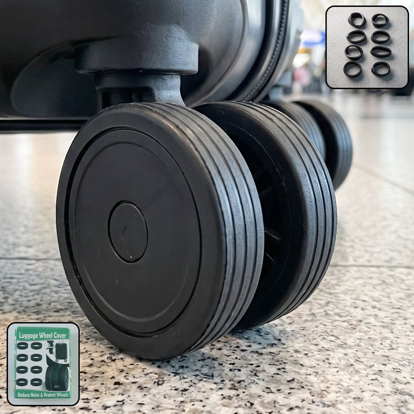 Close-up of three black luggage wheels on a grey tiled floor, with a small inset showing eight black silicone rings.