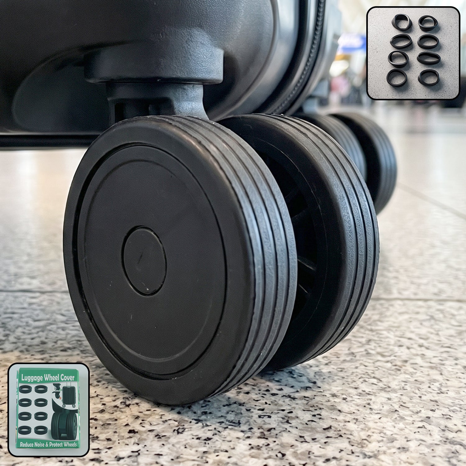 Close-up of three black luggage wheels on a grey tiled floor, with a small inset showing eight black silicone rings.