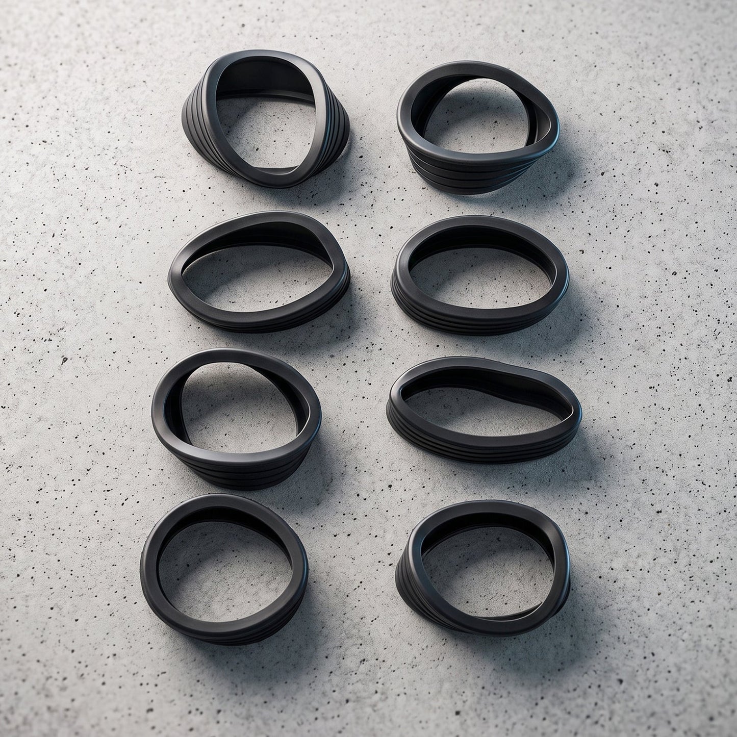 Eight black silicone rings, some slightly distorted, arranged in two vertical rows on a textured grey concrete surface.