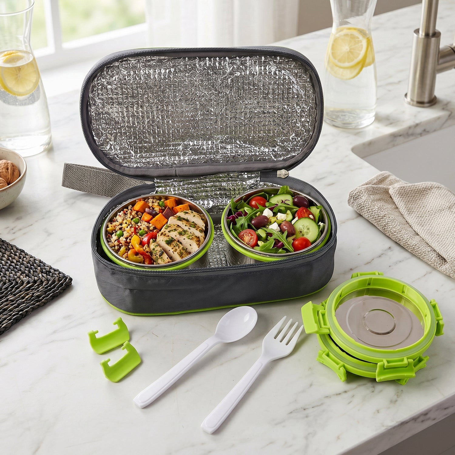 An open grey and lime green insulated lunch bag with two stainless steel containers filled with food