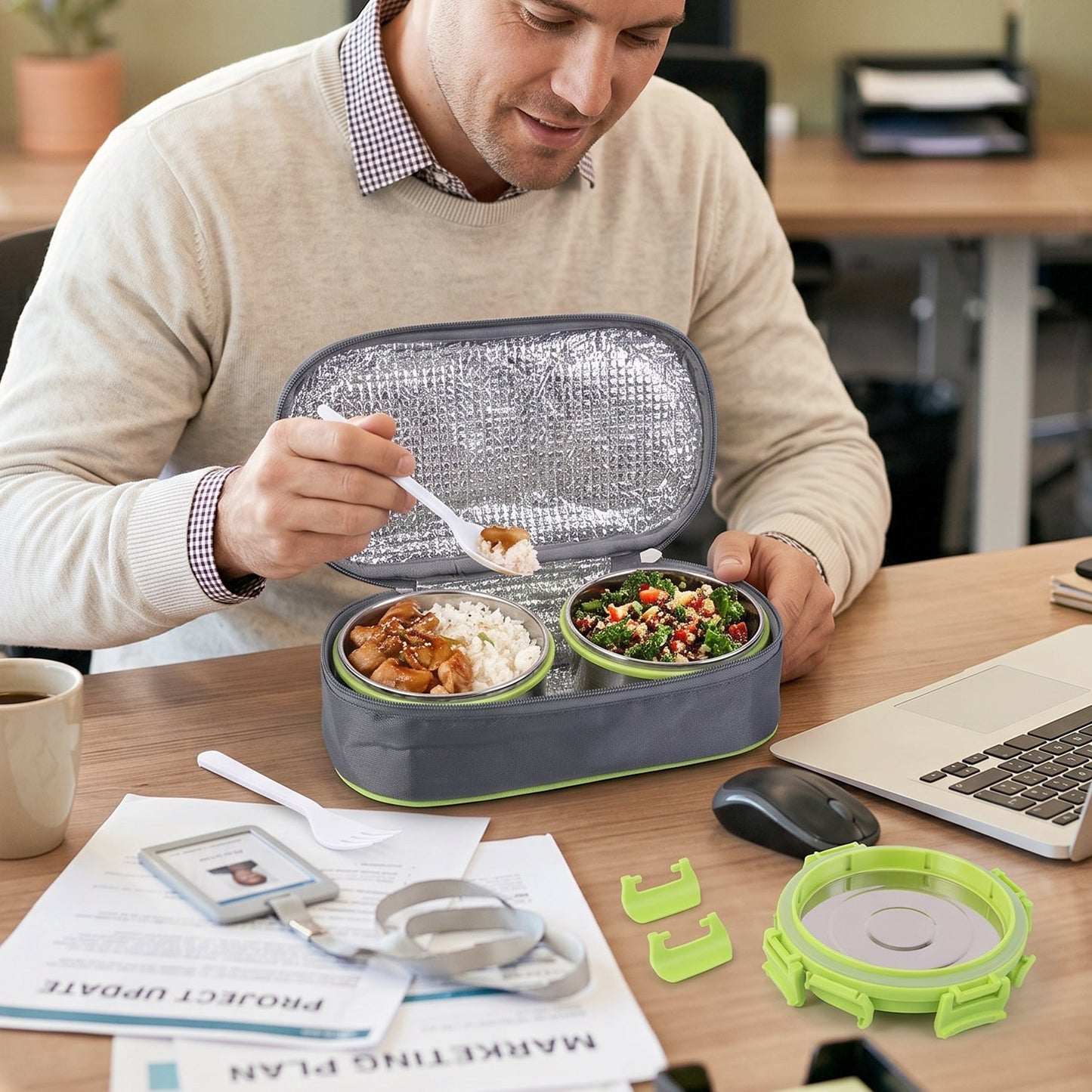 A man eating from an open grey and lime green insulated lunch bag with two stainless steel containers at an office desk.