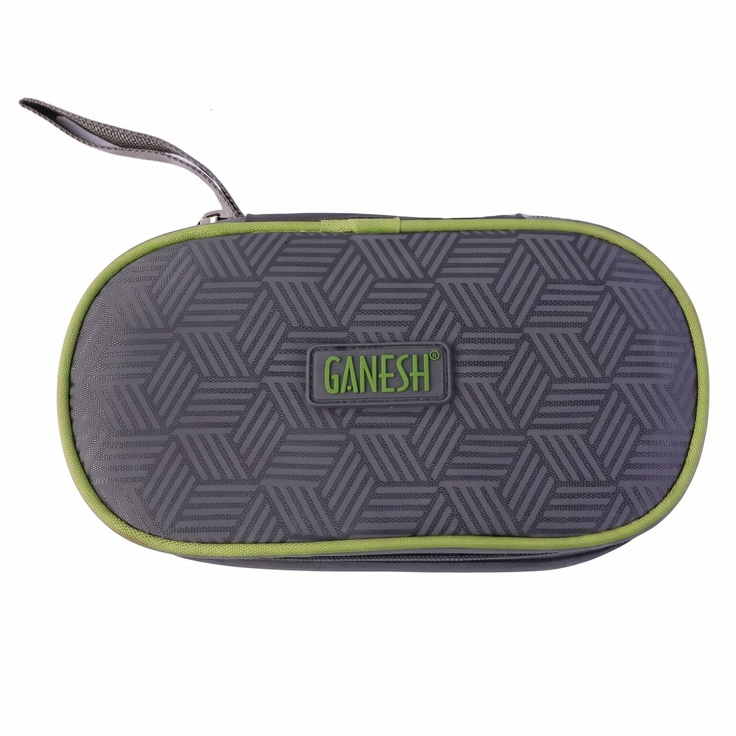 A closed grey and lime green insulated lunch bag with a geometric pattern and