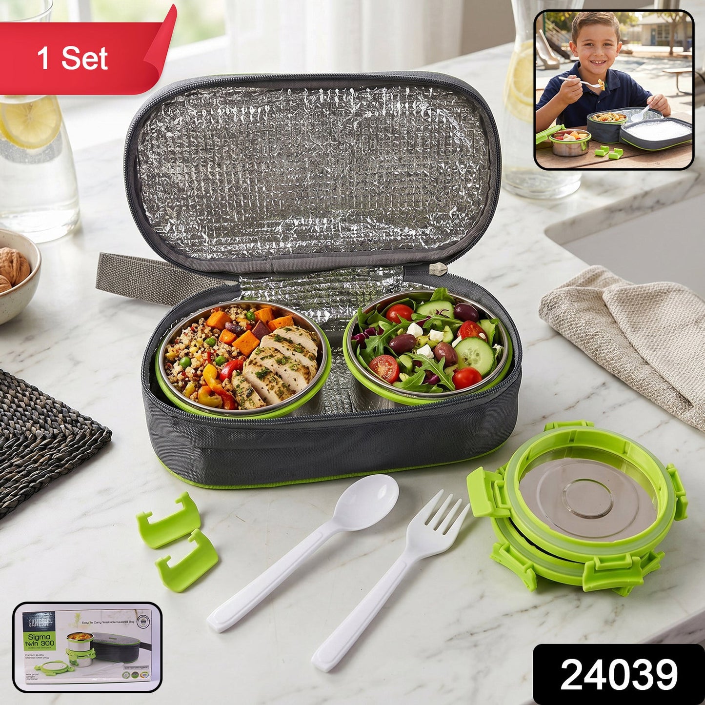 An open grey and lime green insulated lunch bag with two stainless steel containers filled with food, cutlery 