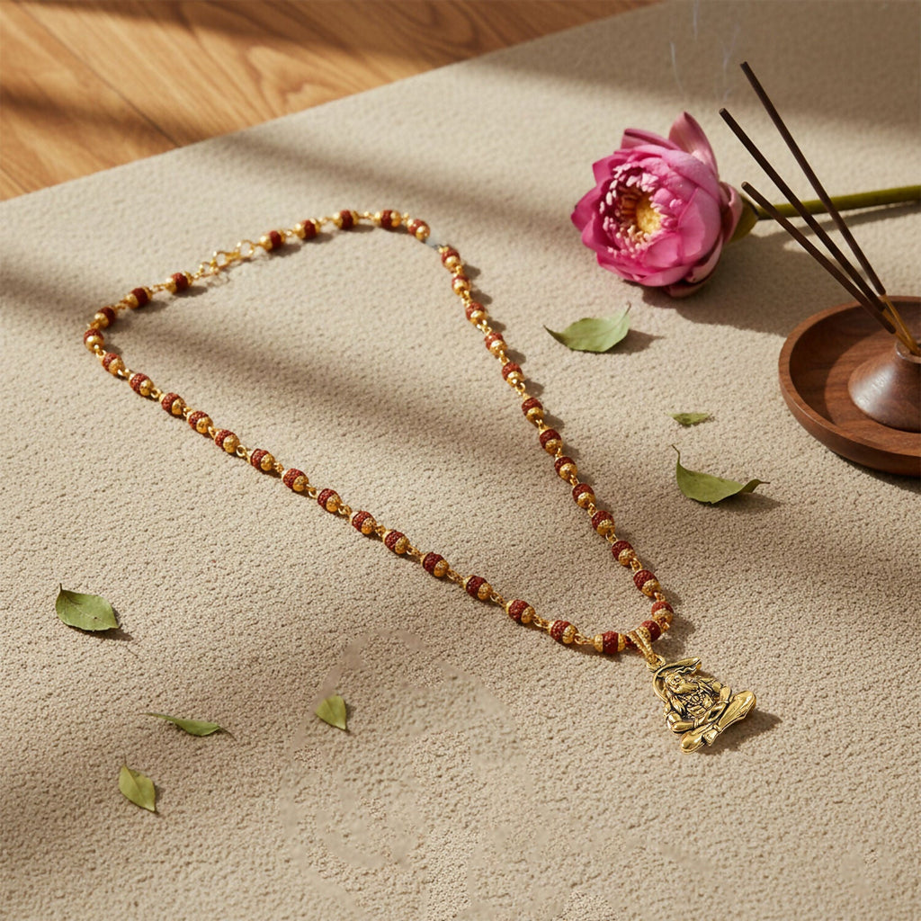 Hanuman Pendant Gold Plated & Rudraksha Bead Mala