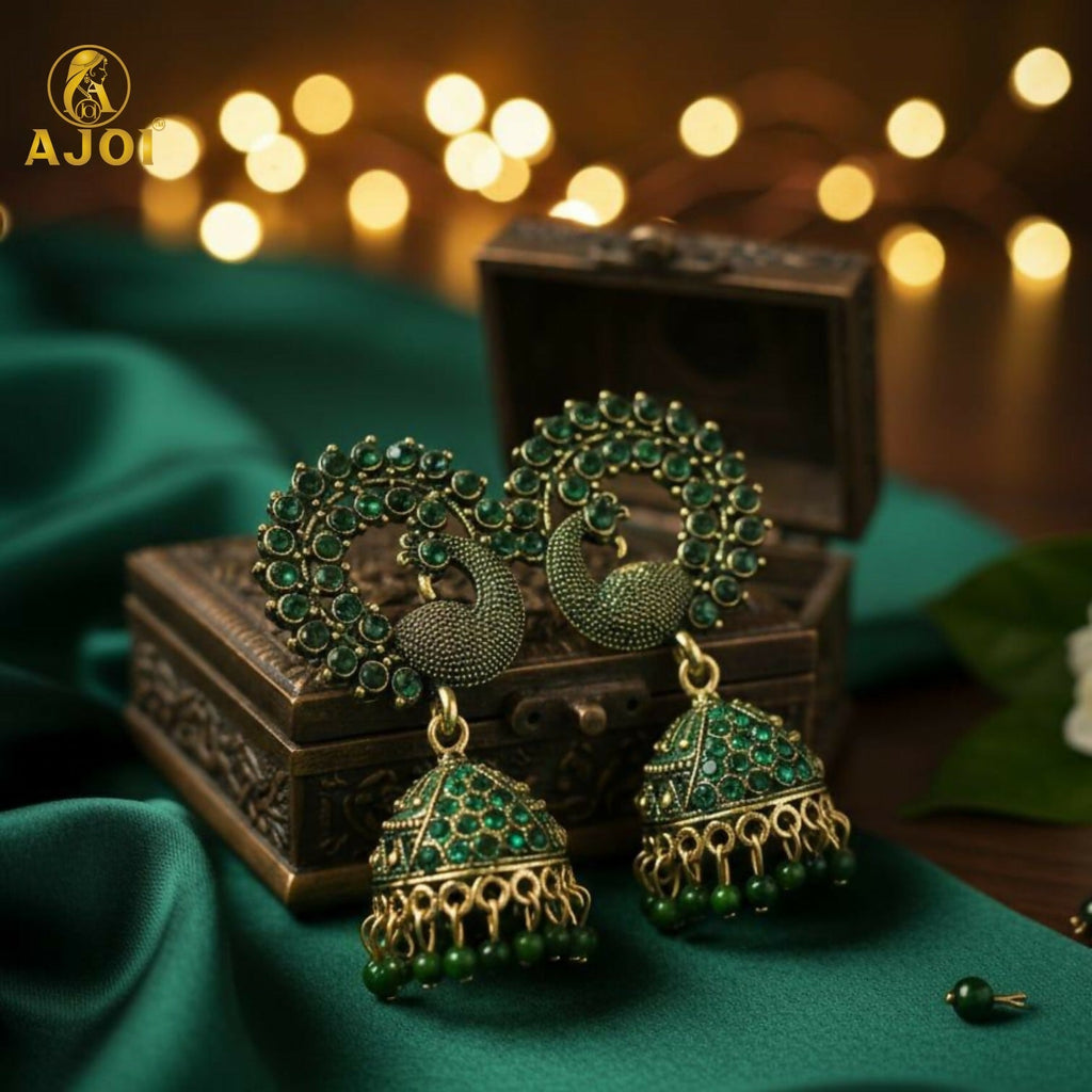 Traditional Peacock Design Green Stone Jhumka Earrings