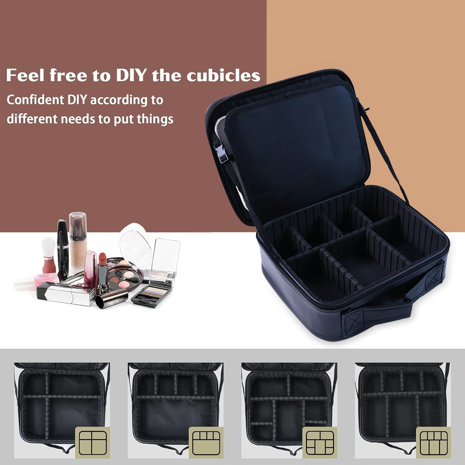 Full view of portable black LED makeup organizer box perfect for travel