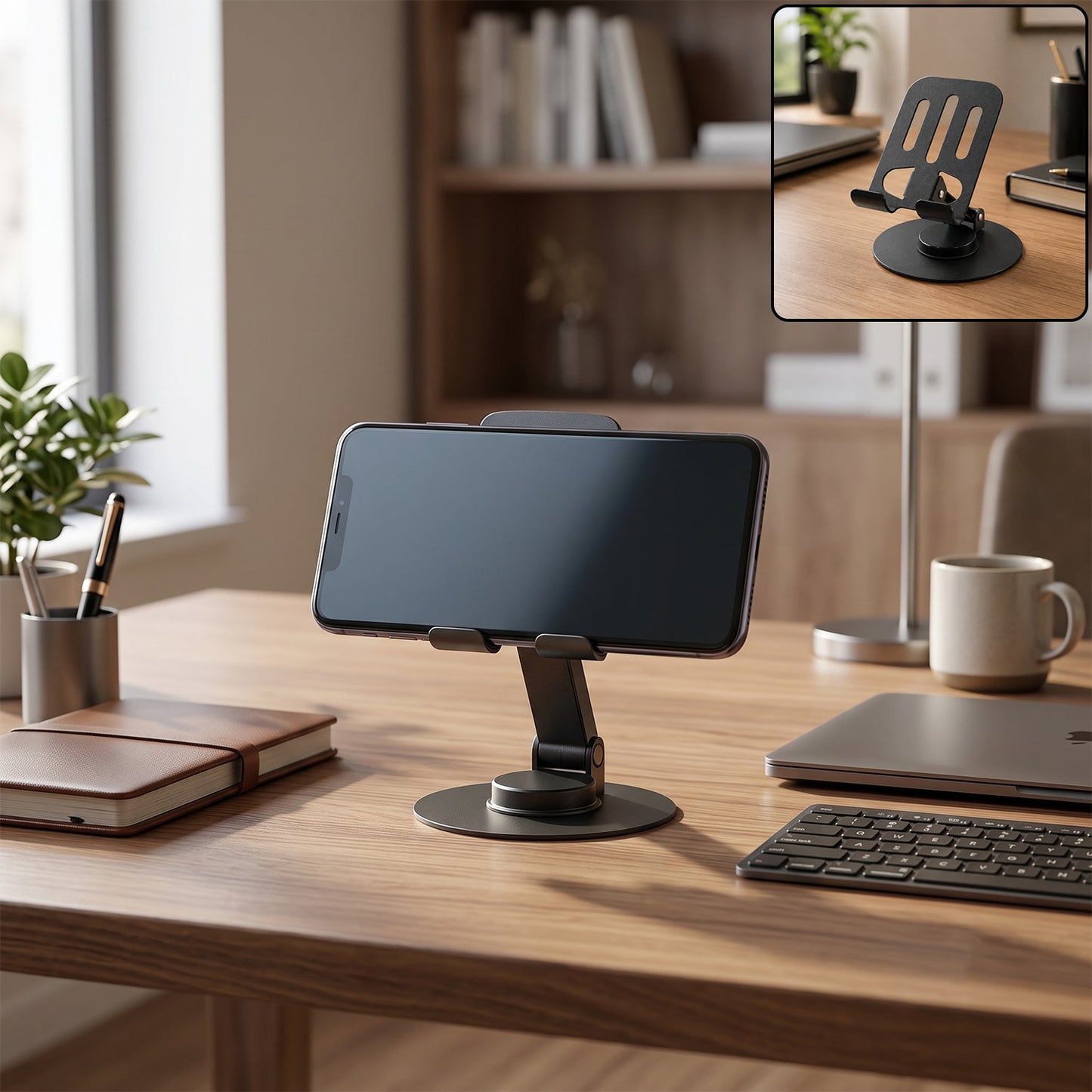 A black metal mobile stand holds a phone horizontally on a wooden desk with a laptop and coffee mug.
