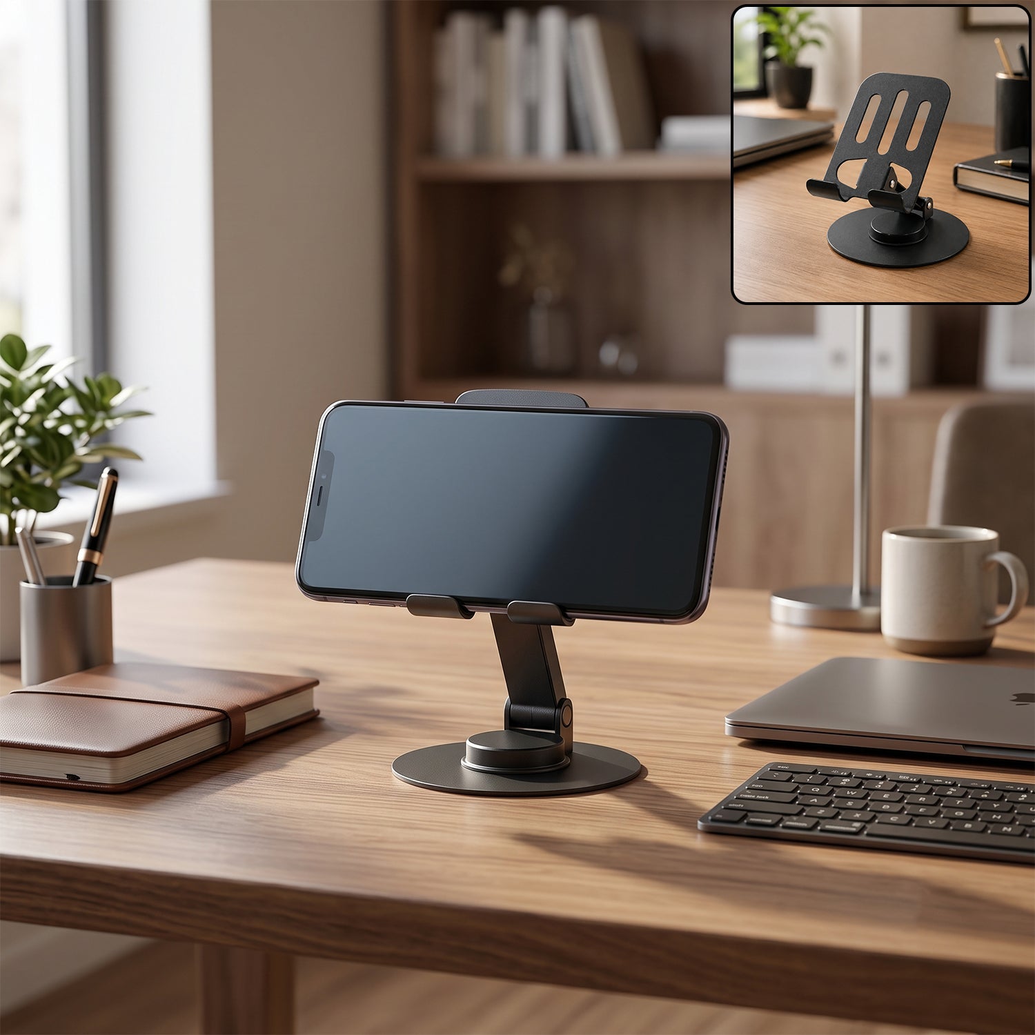 A black metal mobile stand holds a phone horizontally on a wooden desk with a laptop and coffee mug.