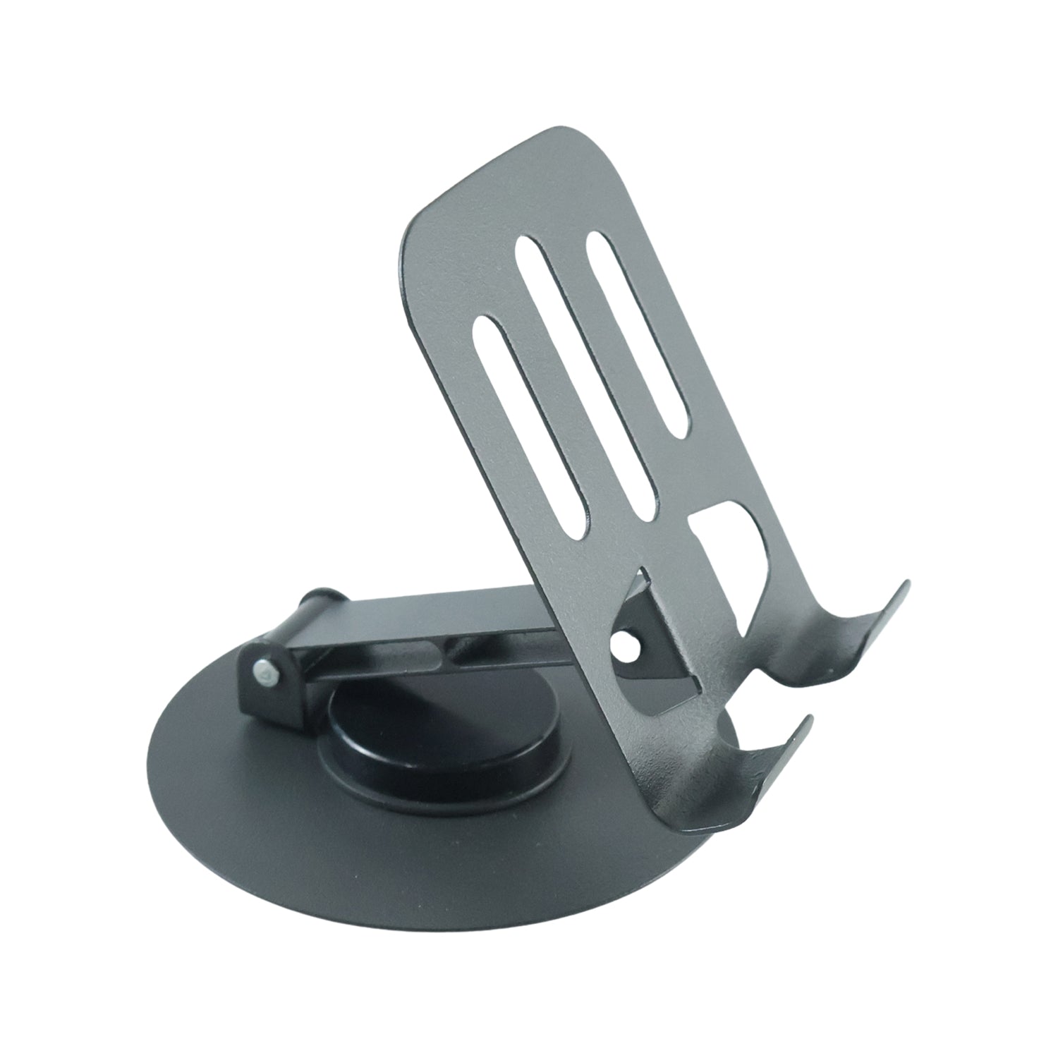 A black metal mobile stand, with a slotted back and round base, is folded partially on a white background.