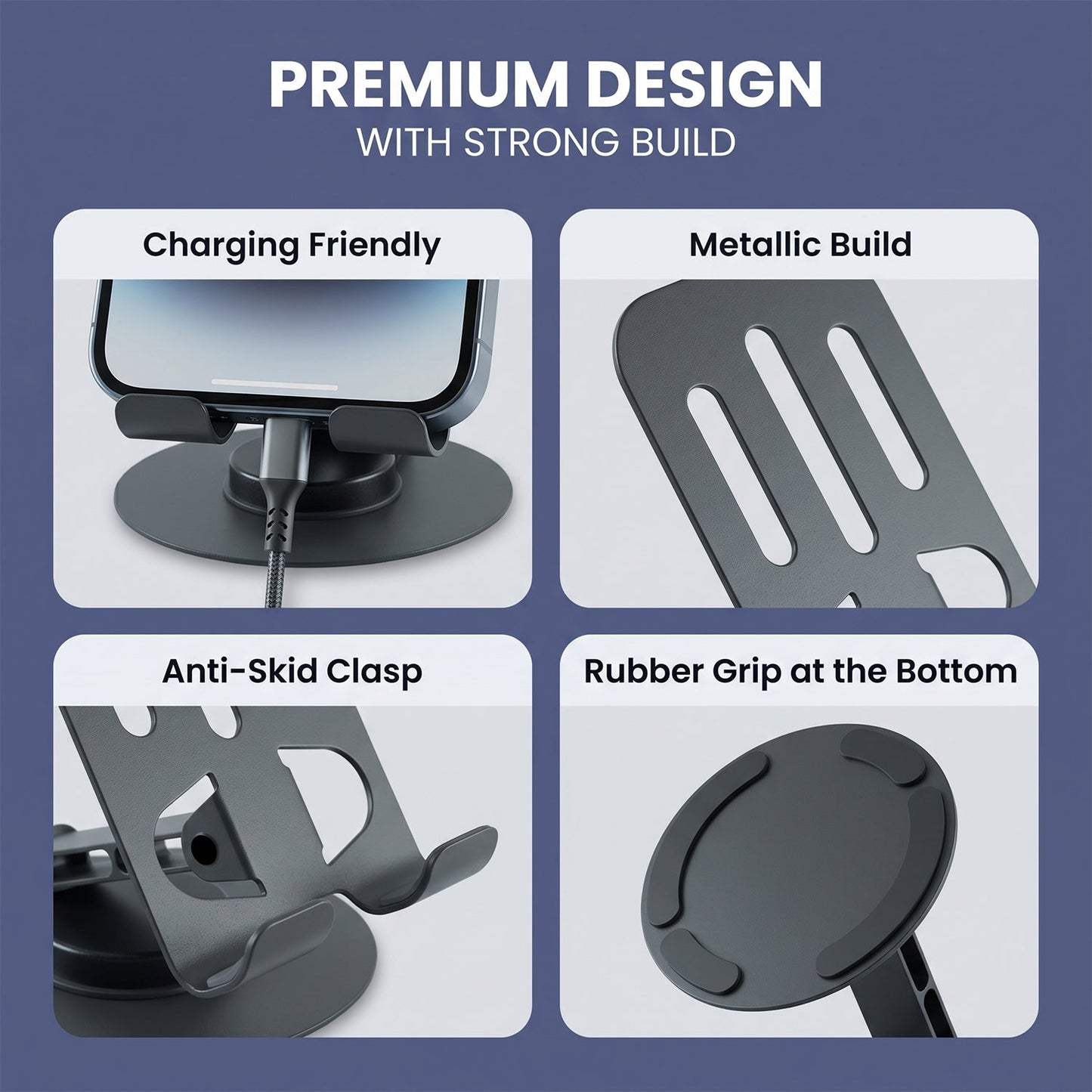 A collage of four close-up images highlighting features of the black metal mobile stand, including charging friendly and