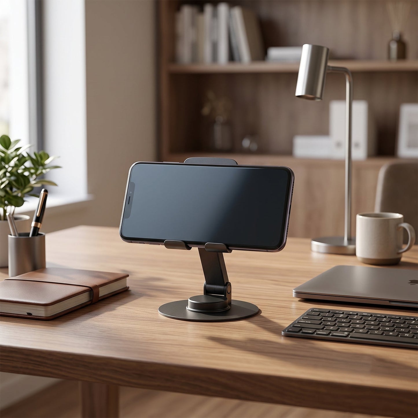 A black metal mobile stand holds a phone horizontally on a wooden desk, with a silver lamp and coffee mug.