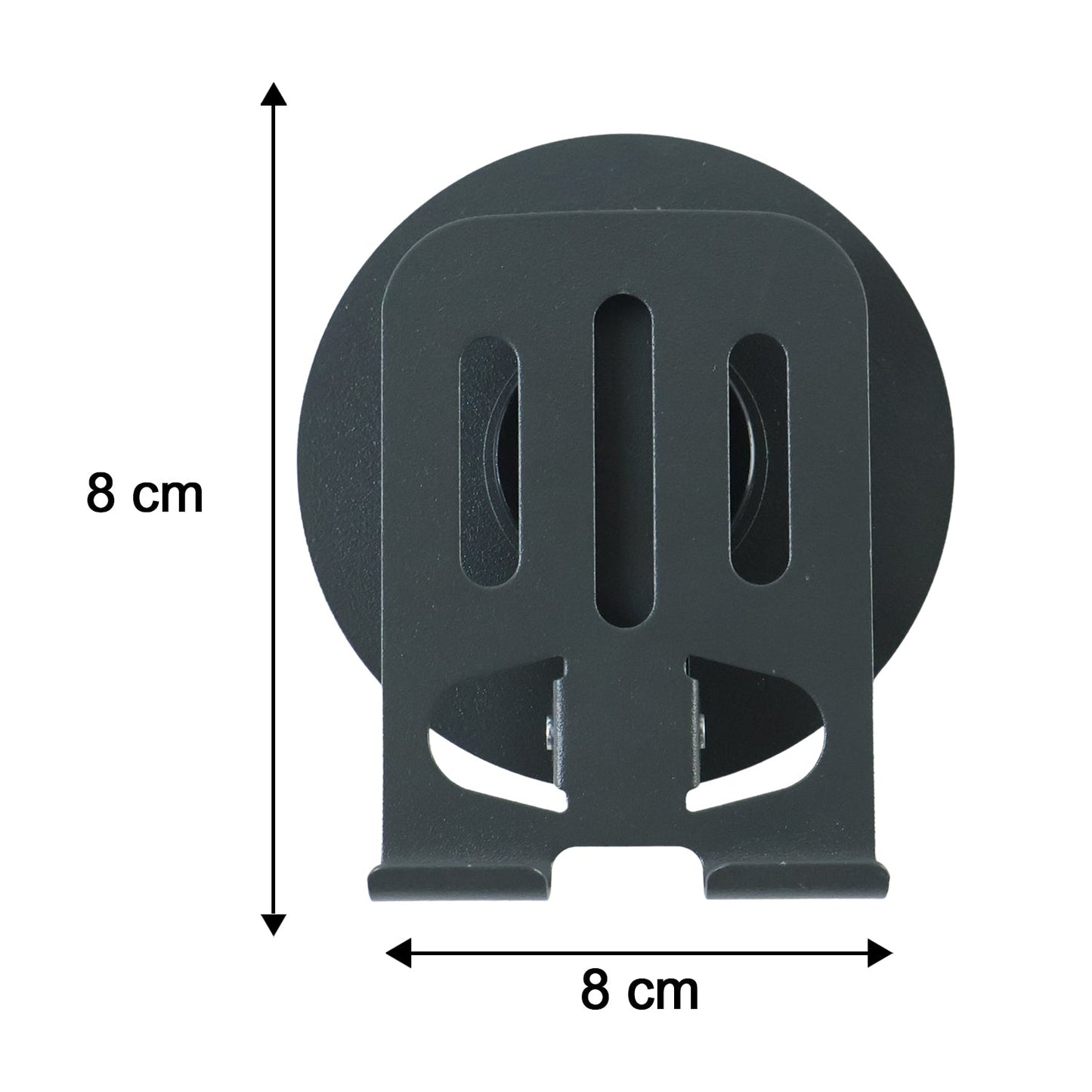A top-down view of the black metal mobile stand with dimensions of 8 cm by 8 cm indicated.