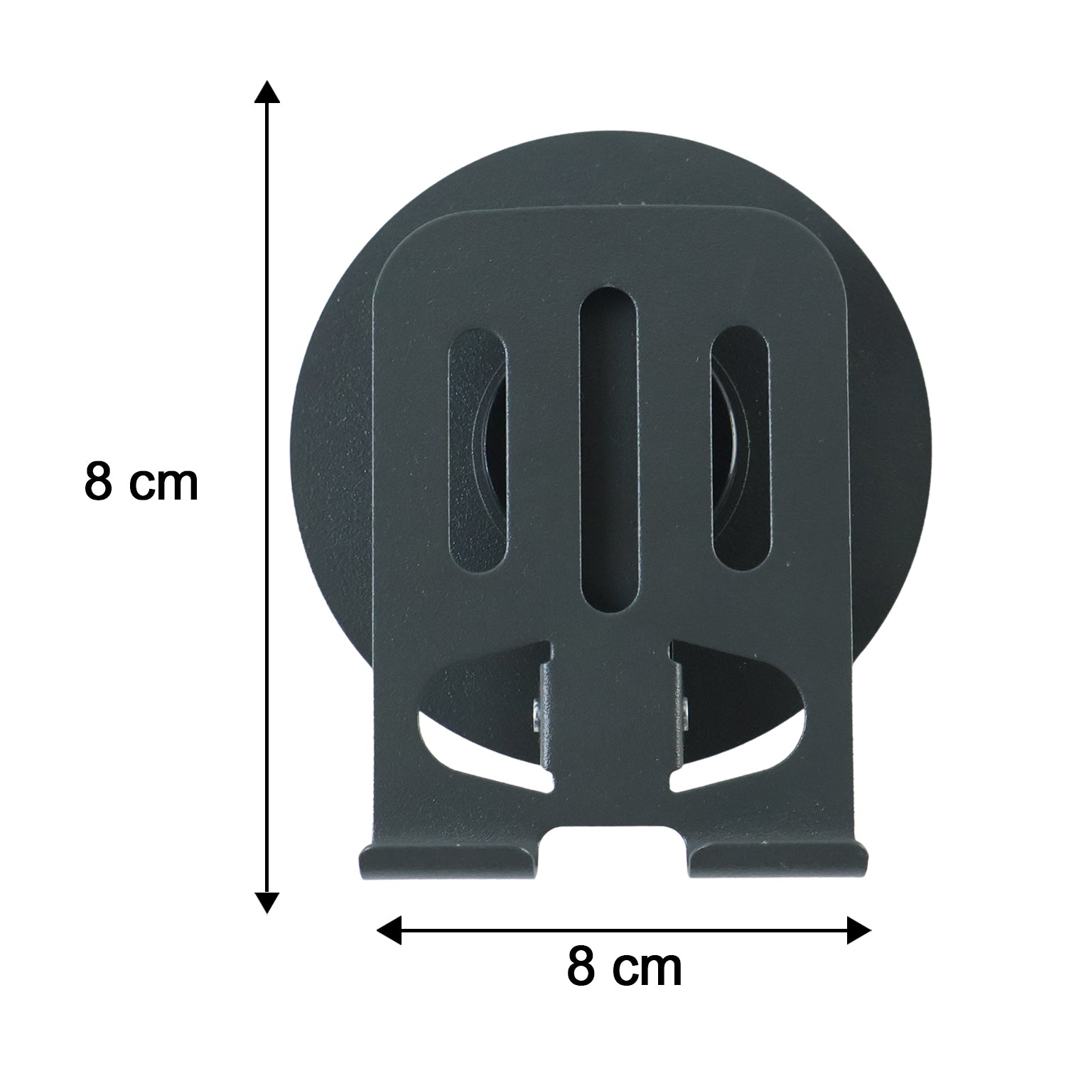 A top-down view of the black metal mobile stand with dimensions of 8 cm by 8 cm indicated.
