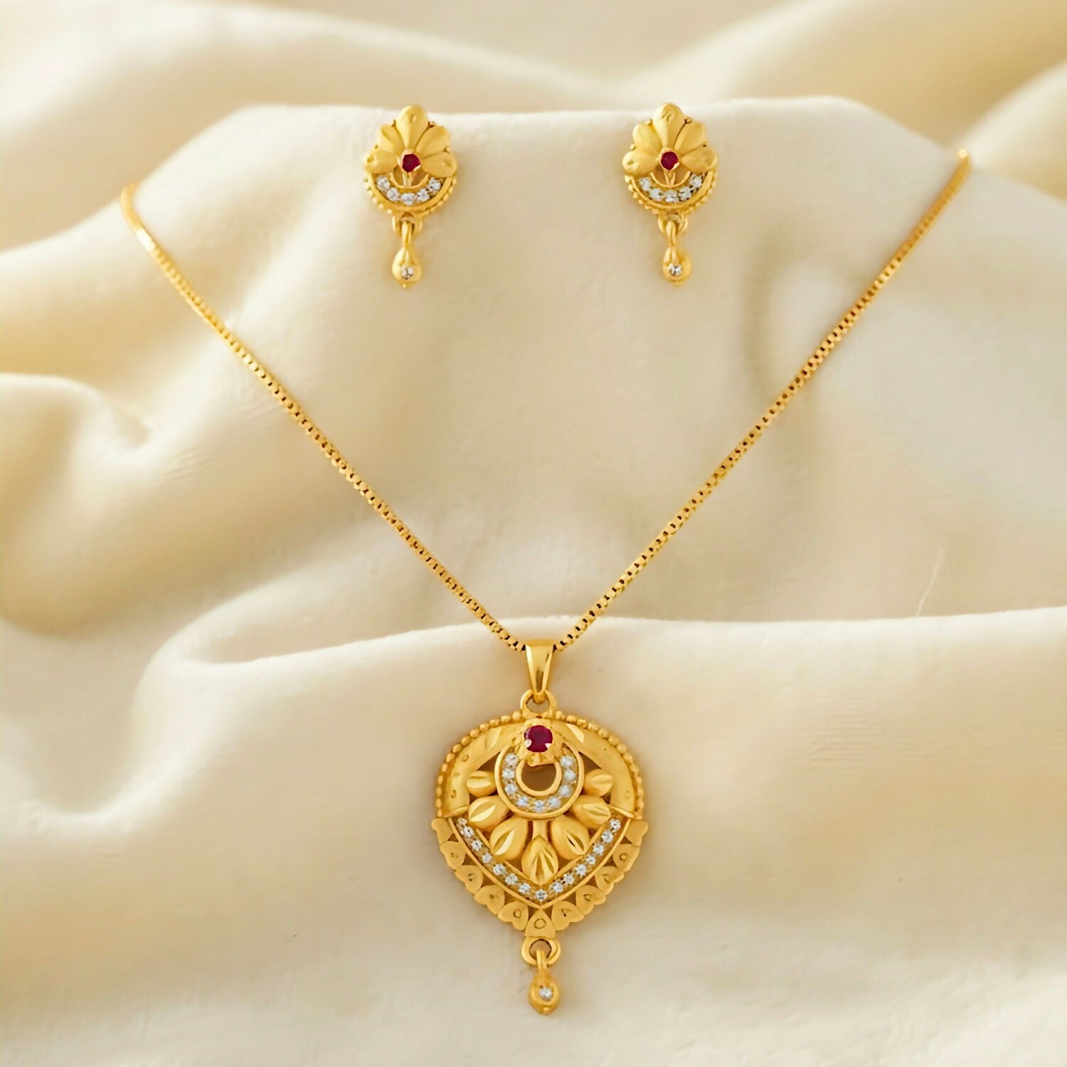 Gold Plated Floral Heart Pendant Necklace and Earring Set with Ruby & White Stone Accents
