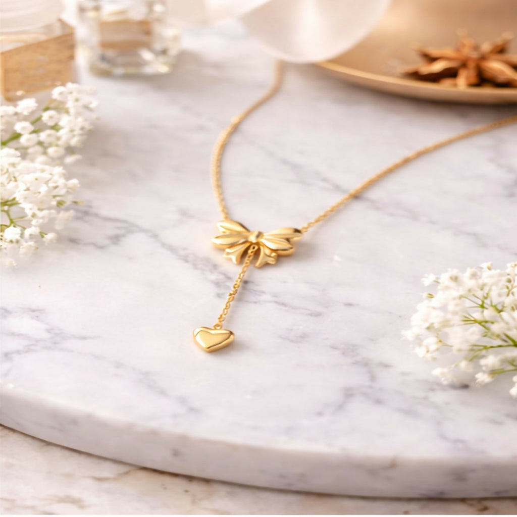 Heart Pendant Necklace for Women Delicate Chain with Bow & Heart Charm