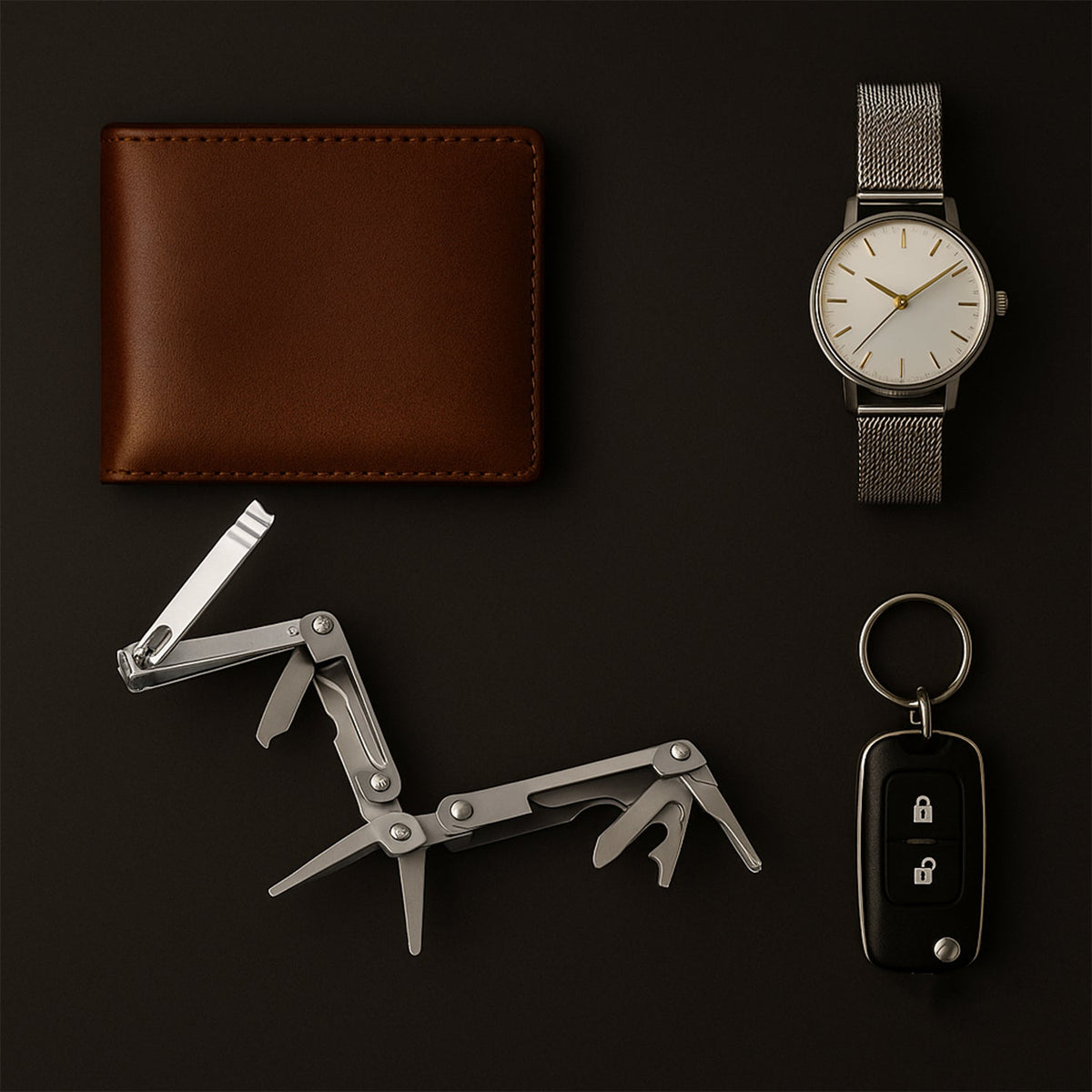 A flat lay of everyday carry items: a brown wallet, a silver watch, a car key, and the silver multi-tool.