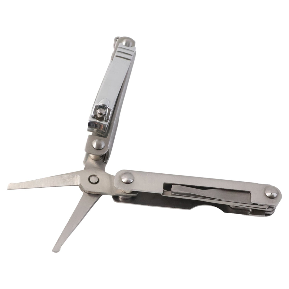 A silver multi-tool with nail clippers and scissors extended, isolated on a white background.
