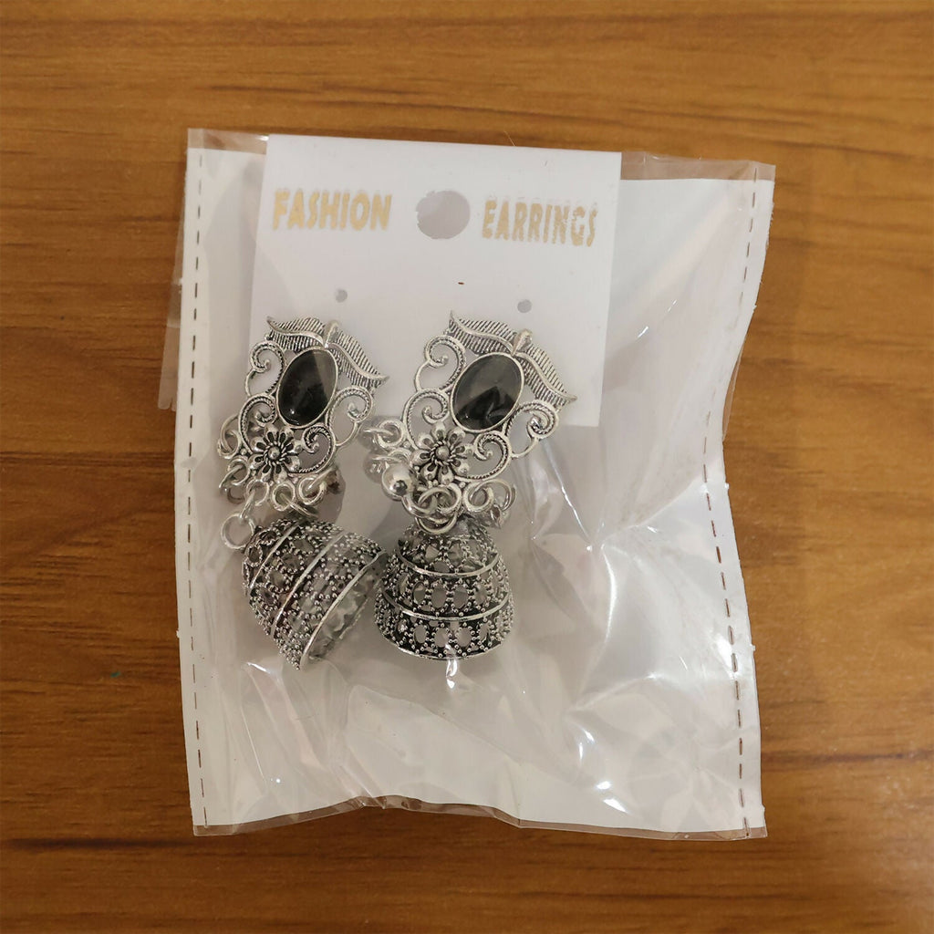 German Silver Jhumka Earrings with Black Monalisa Stones