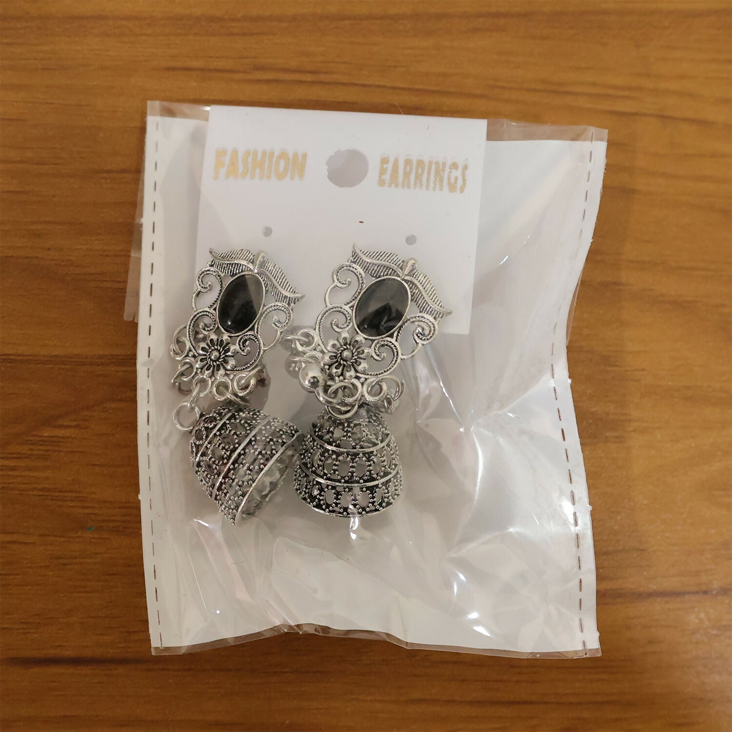 German Silver Jhumka Earrings with Black Monalisa Stones