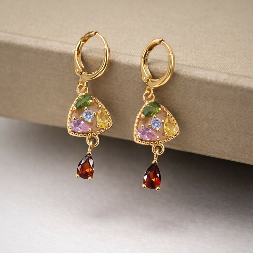 Gold-Tone Multicolor Stone Drop Earrings with Hoop Lock for Women & Girl