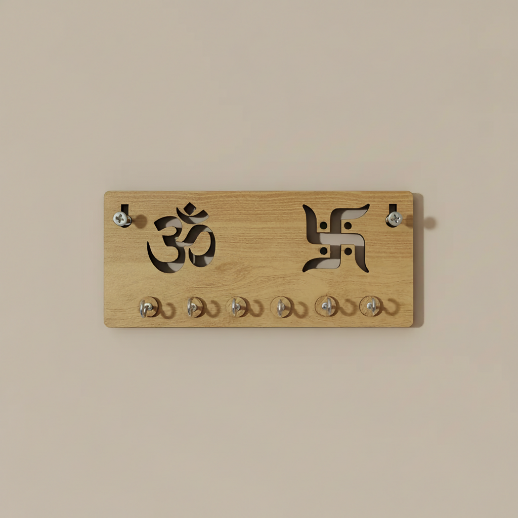 Wooden Key Holder for Wall – ॐ Om & Swastik MDF Key Organizer | Spiritual Wall Key Stand for Home Décor