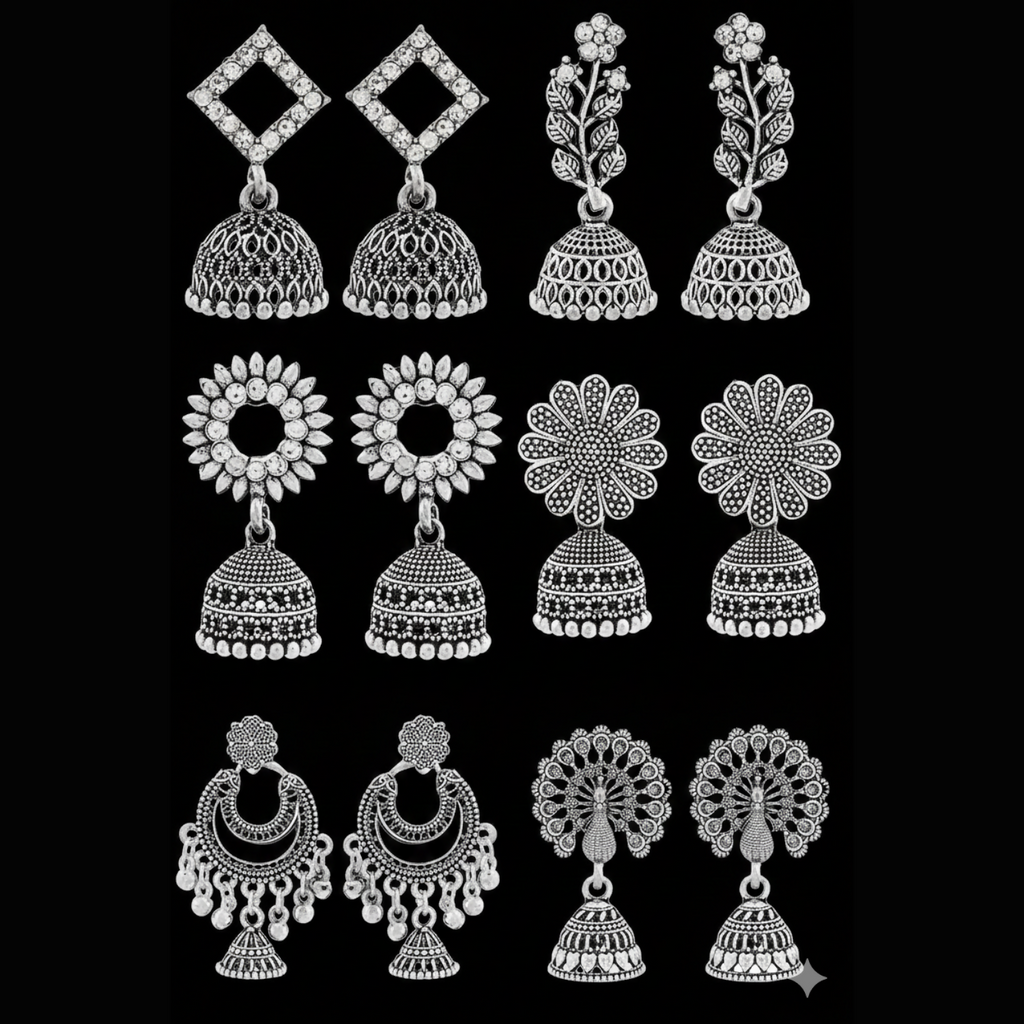  Traditional Oxidised Silver Jhumka Earrings Set - in-use lifestyle shot