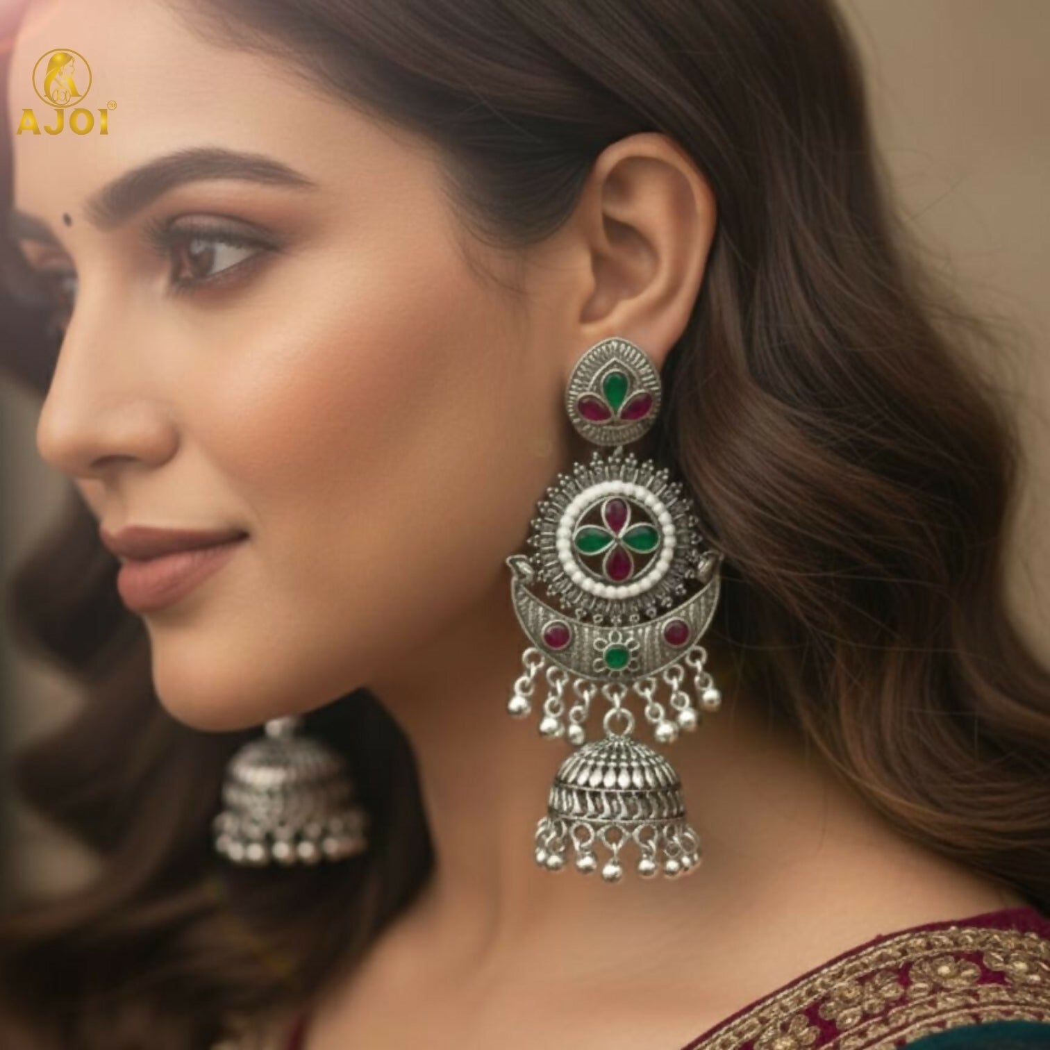 Multicolor Oxidized Silver Jhumka Earrings
