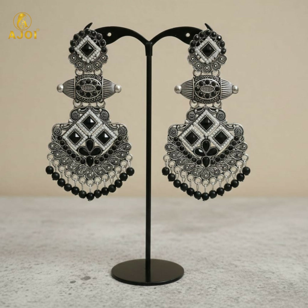 Oxidized Silver Black Stone Designer Chandbali Earrings for Women
