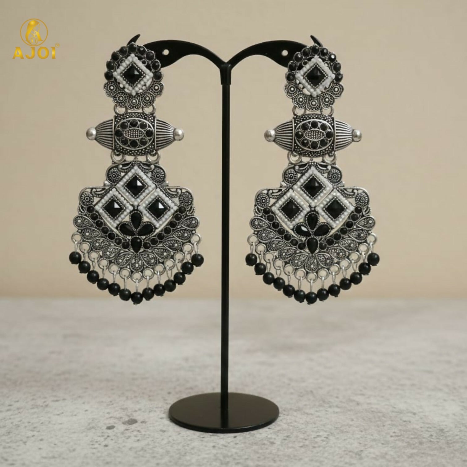 Oxidized Silver Black Stone Designer Chandbali Earrings for Women