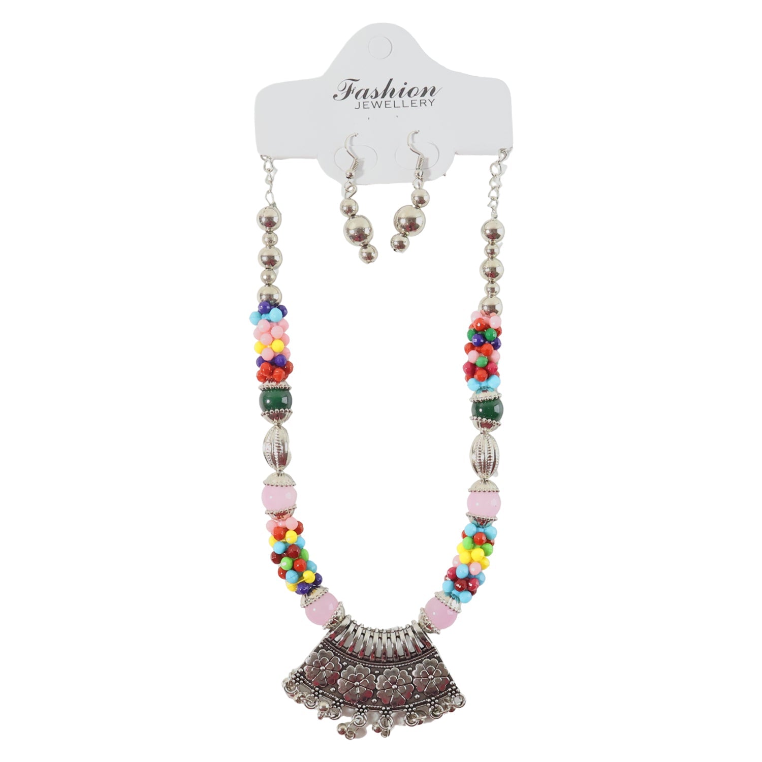 Oxidised traditional chain detail of multicolor beaded necklace set