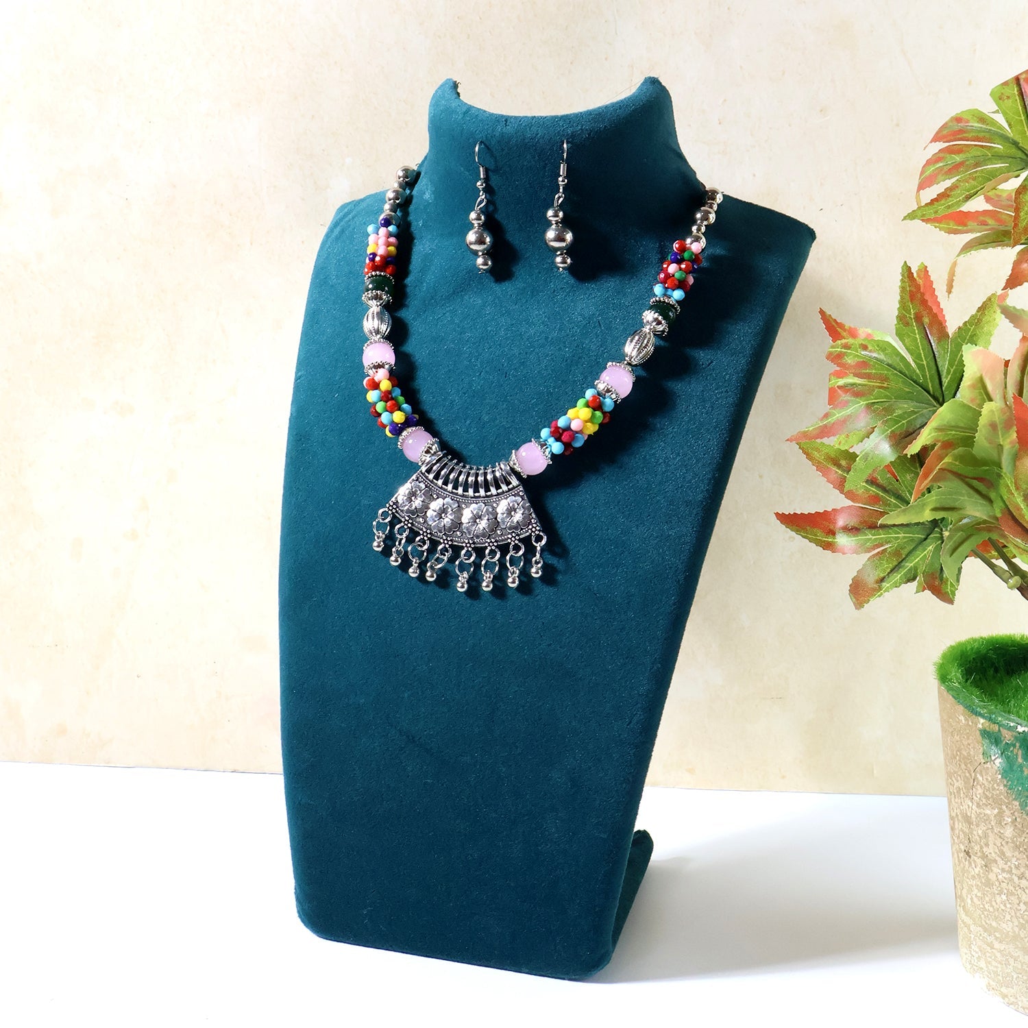 Traditional ethnic oxidised necklace chain with multicolor beads