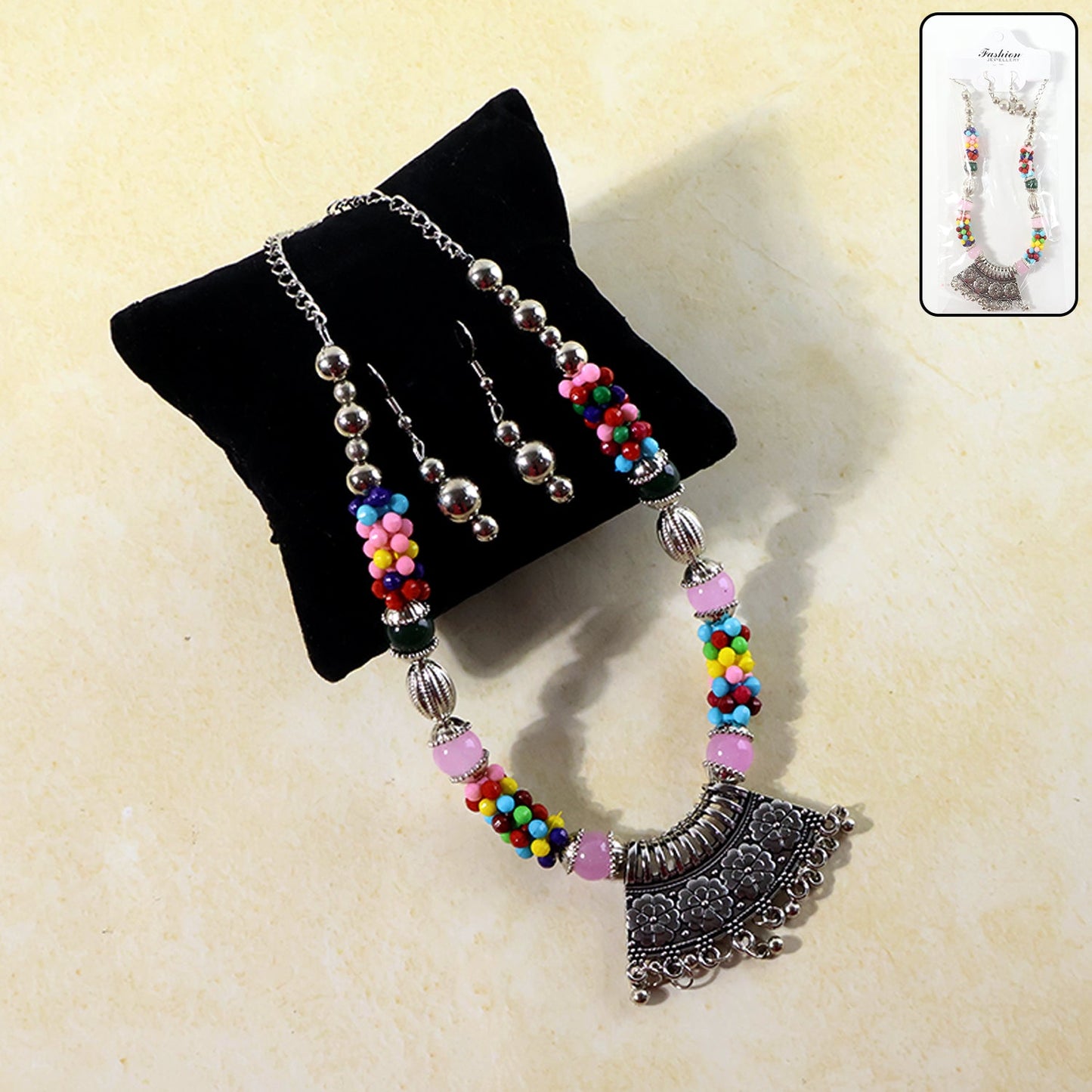 Oxidised multicolor beaded necklace with mandala pendant